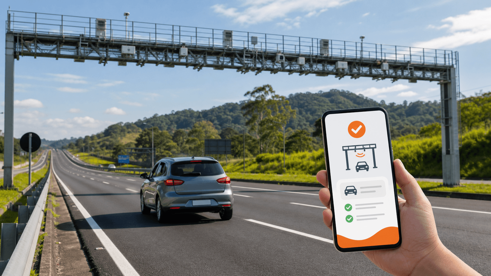 Carro passando sob pórtico de pedágio eletrônico enquanto motorista consulta as passagens no celular